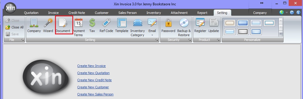 Start Default Document Setting for Xin Invoice 3.0