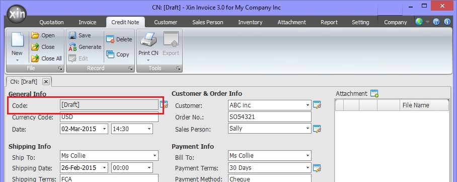 Draft Credit Note Code