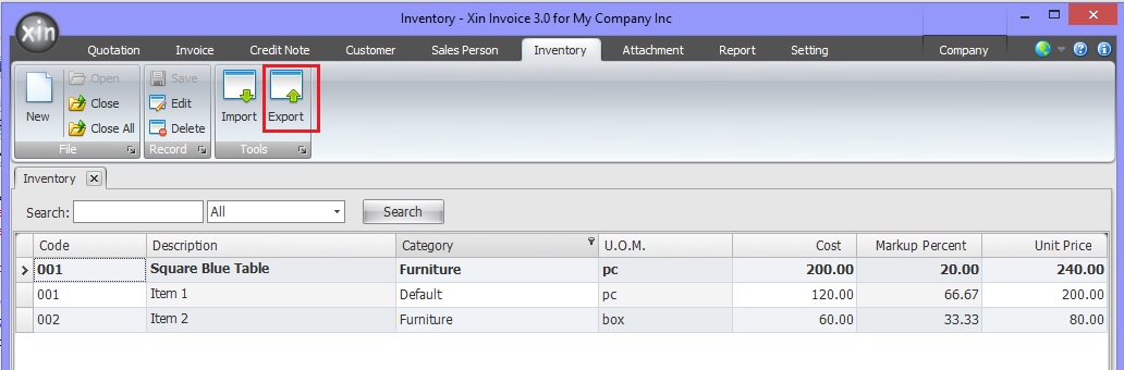 Export Inventory List to Excel