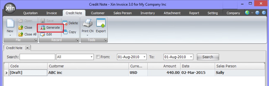 Generate Credit Note