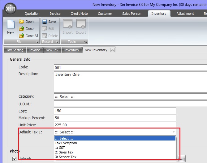 Set default tax code to an Inventory