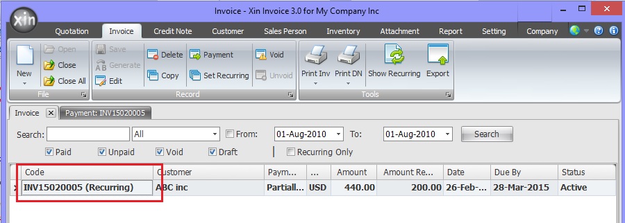 Recurring Invoice List