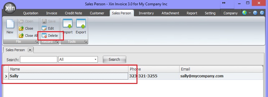 Select an Sales Person to delete
